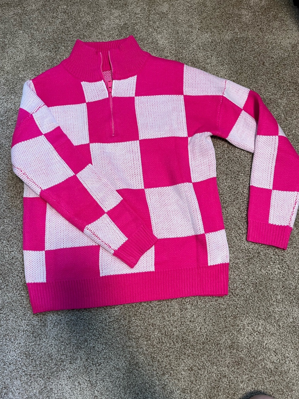 pink & white checker quarter zip sweater